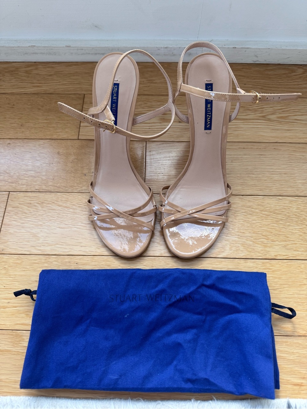 Stuart Weitzman Nude Patent Leather Strappy Ankle-Strap Heelsu